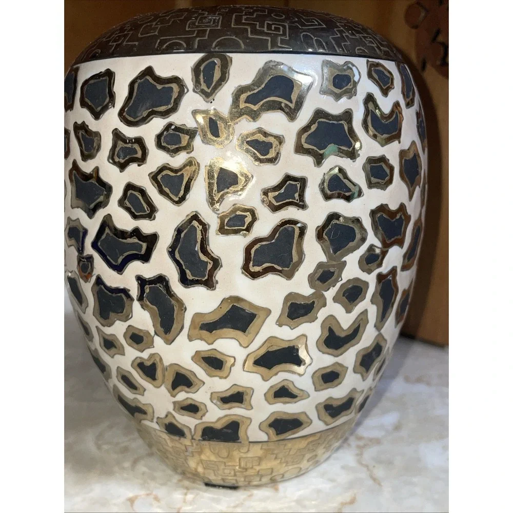 Vintage Macau Stamped‎ - Bud Vase Black & Gold Leopard Print